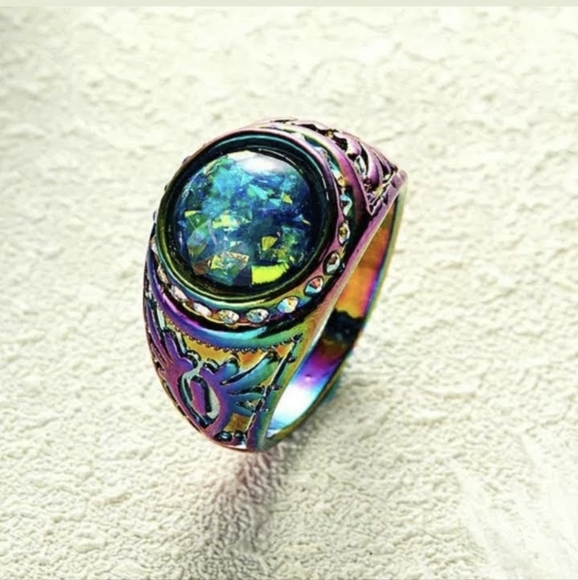*Sale* New Blue Fire Opal Rainbow Hematite Ring. - Picture 2 of 2